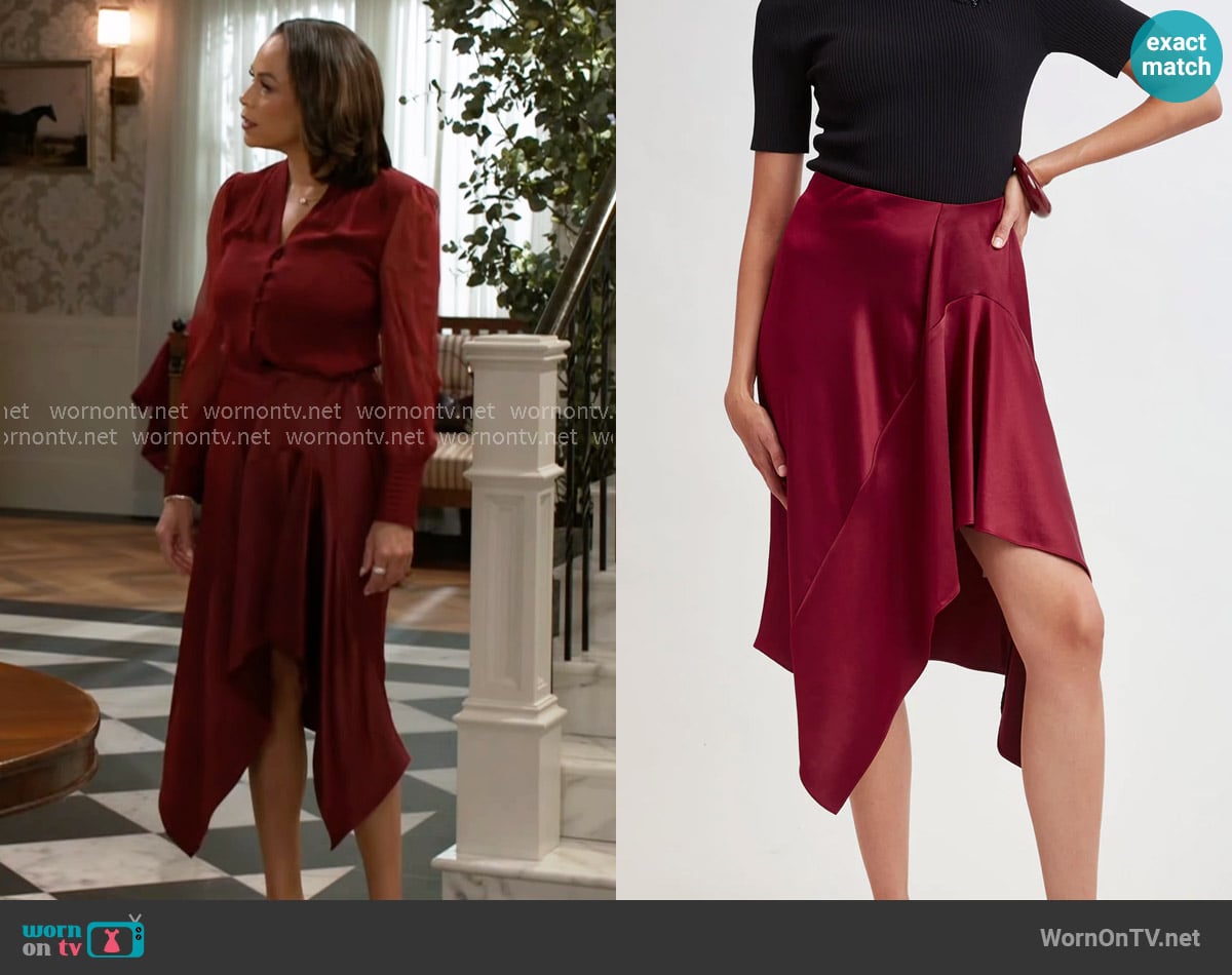 Elie Tahari Asymmetric Hem Skirt in Sangria worn by Nicole Dupree Richardson (Daphnee Duplaix) on Beyond the Gates