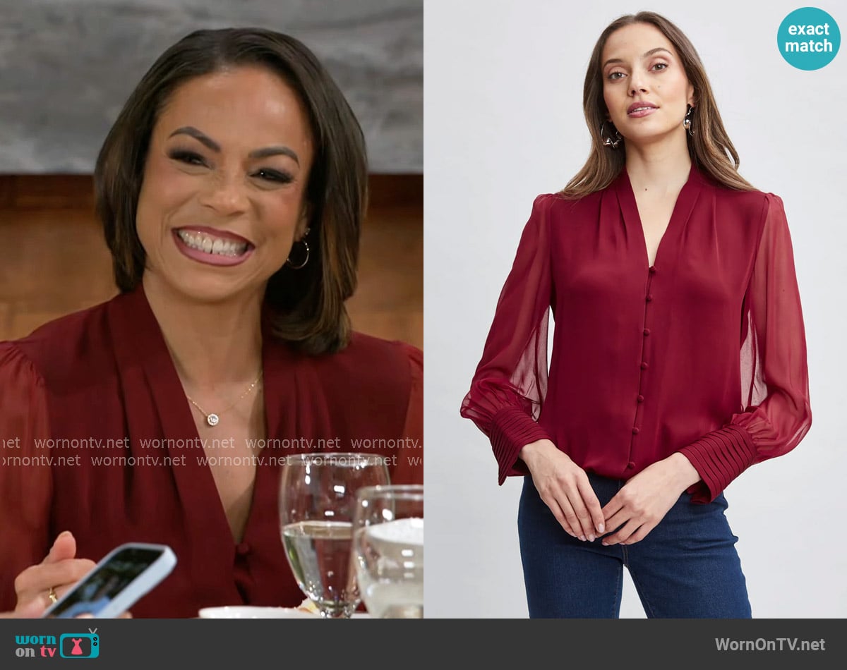 Elie Tahari Silk Blouson Button Shirt in Sangria worn by Nicole Dupree Richardson (Daphnee Duplaix) on Beyond the Gates