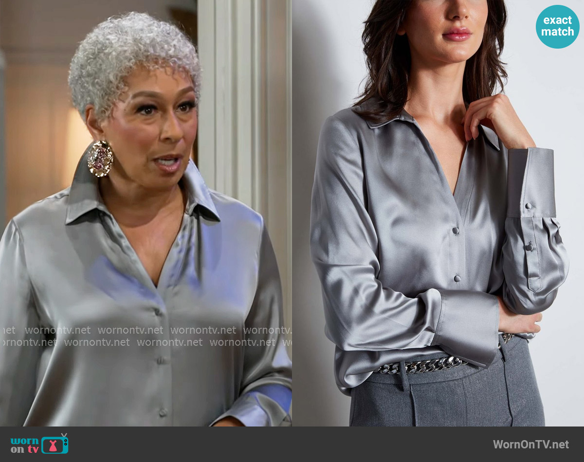 Elie Tahari Silk Satin Button Down Shirt worn by Anita Dupree (Tamara Tunie) on Beyond the Gates