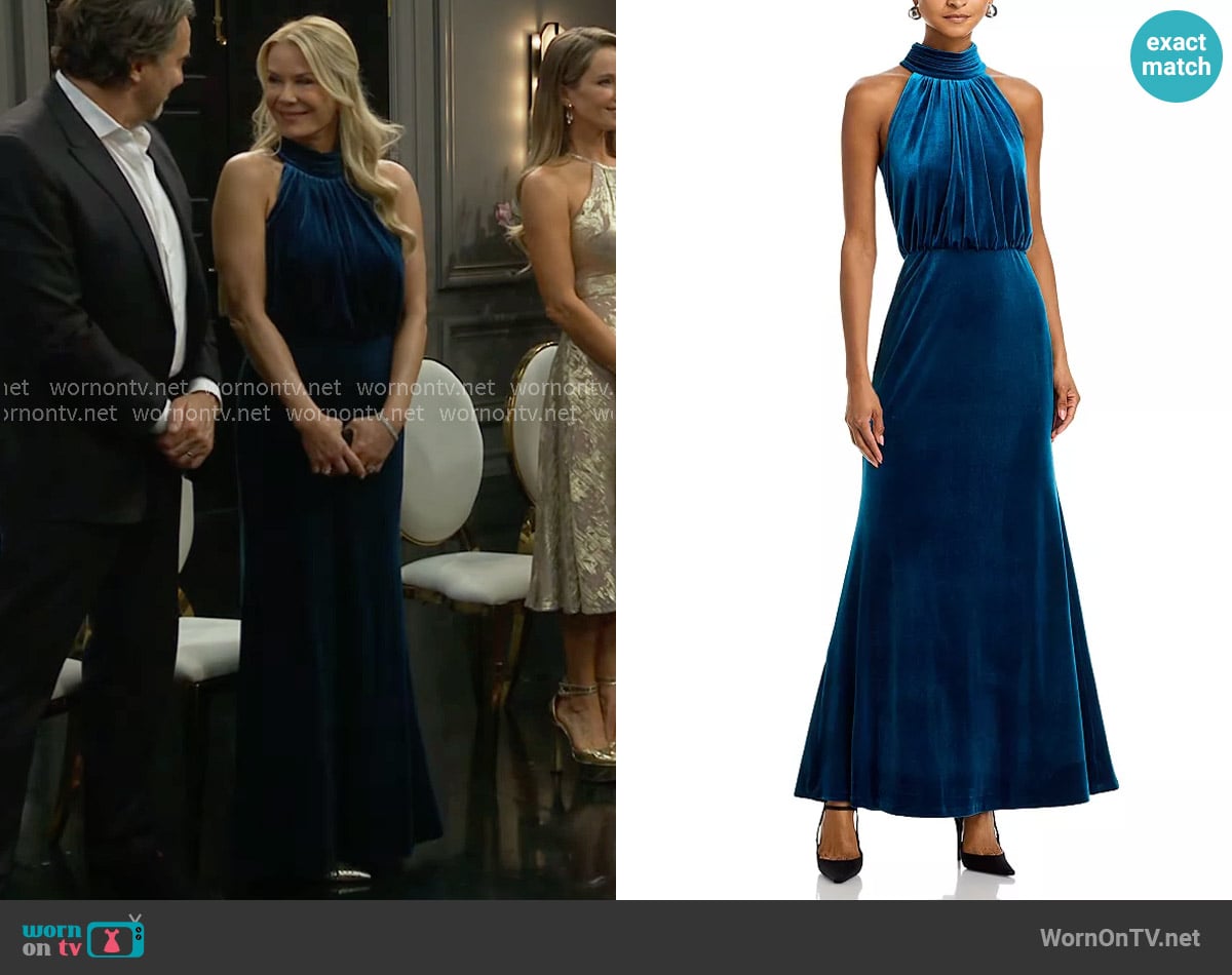 Eliza J Mock Neck Blouson Gown in Peacock worn by Brooke Logan (Katherine Kelly Lang) on The Bold and the Beautiful