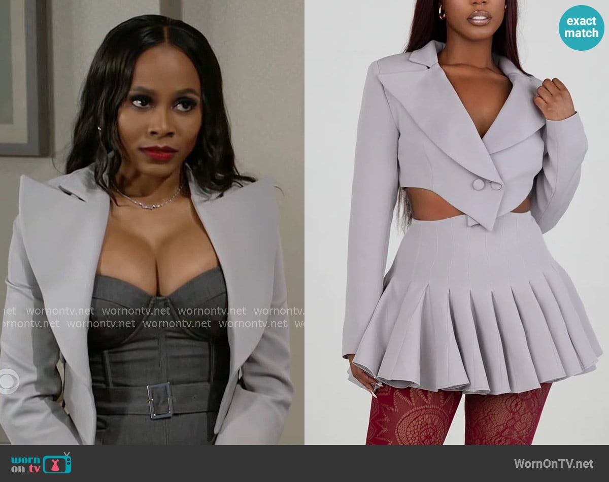 Ellaé Lisqué Serena Gray Cropped Blazer Top worn by Hayley Lawson (Marquita Goings) on Beyond the Gates
