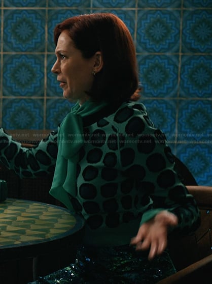 Elsbeth's green polka dot cardigan on Elsbeth