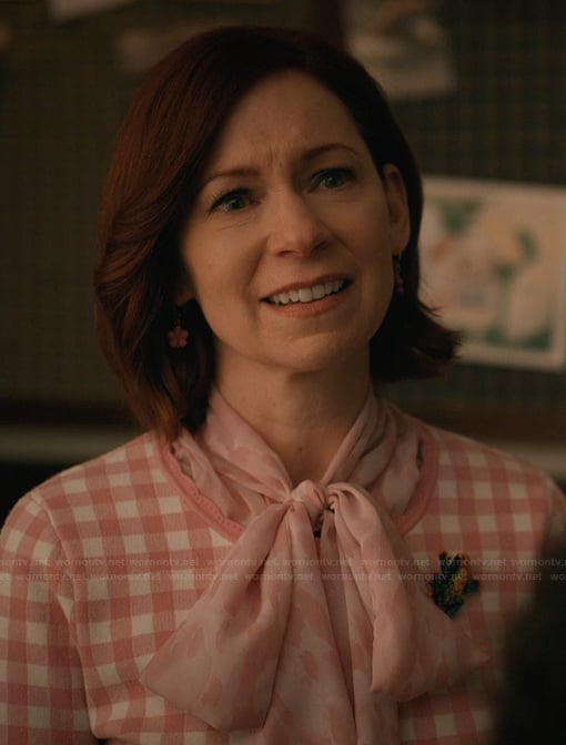 Elsbeth's pink gingham check cardigan on Elsbeth