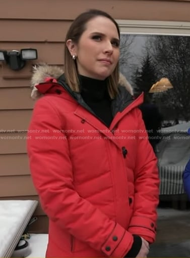 Elzabeth’s red hooded quilted jacket on Good Morning America