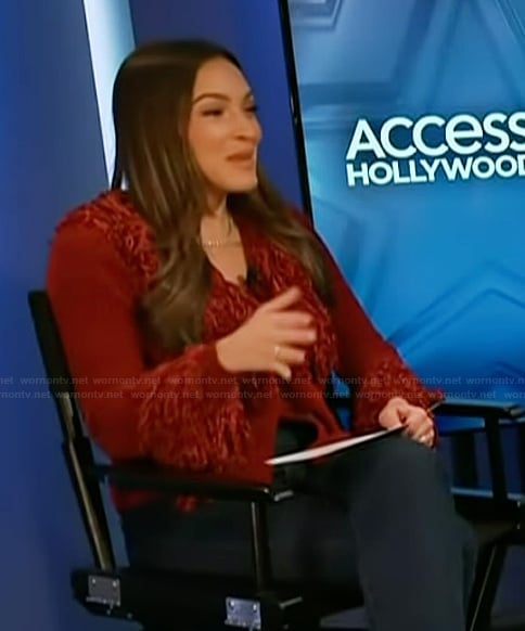 Emily’s red fringe detail cardigan on Access Hollywood