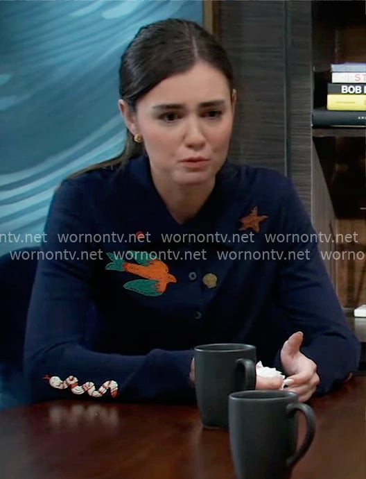 Emma’s navy blue embroidered cardigan on General Hospital