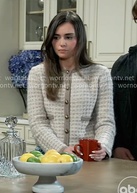 Emma’s taupe cardigan on General Hospital