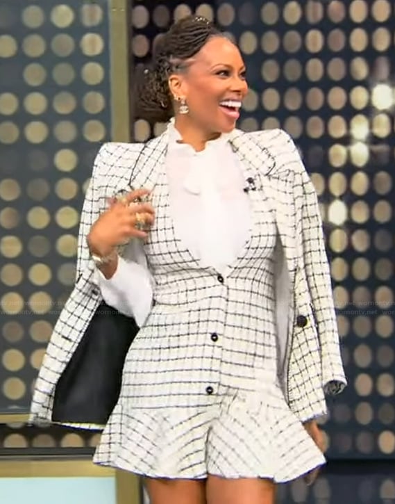 Eva Marcille's white tweed check dress and blazer on Tamron Hall Show