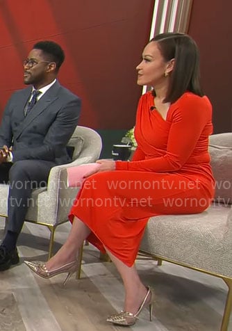 Eva Pilgrim’s red asymmetric neckline dress on CBS Mornings