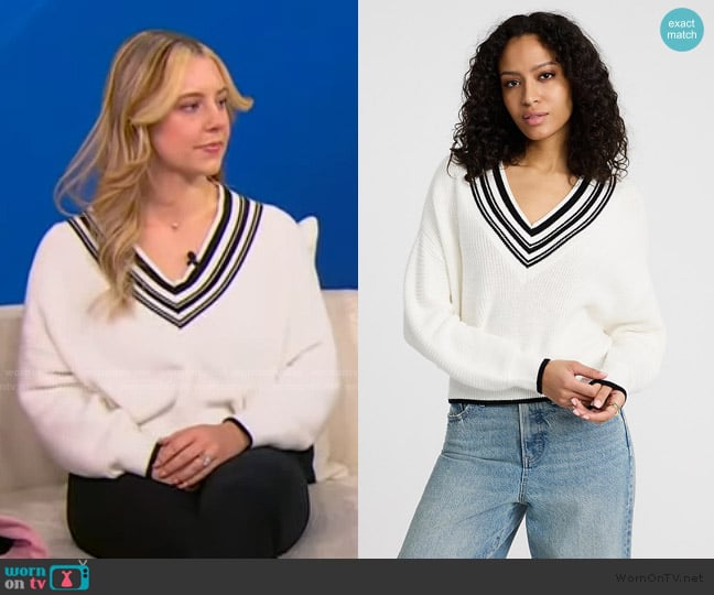 Savannah’s white varsity sweater on Tamron Hall Show Savannah’s white varsity sweater on Tamron Hall Show