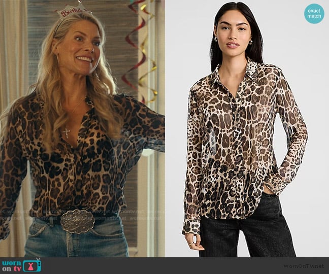 Express Sheer Chiffon Leopard Print Portofino Shirt worn by Angela Norris (Ali Larter) on Landman