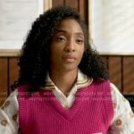 Faith’s embroidered shirt and pink sweater vest on Will Trent