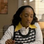 Faith’s white shirt with yellow collar and black and white sweater vest on Will Trent