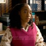 Faith’s embroidered shirt and pink sweater vest on Will Trent