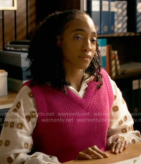 Faith’s embroidered shirt and pink sweater vest on Will Trent