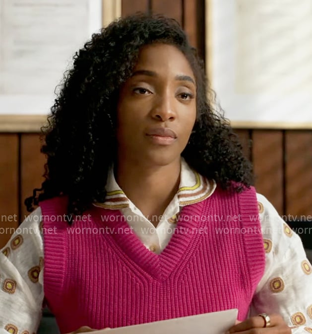 Faith's embroidered shirt and pink sweater vest on Will Trent