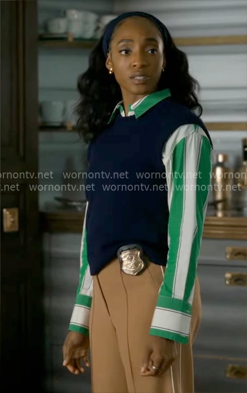 Faith’s green striped shirt and camel pants on Will Trent