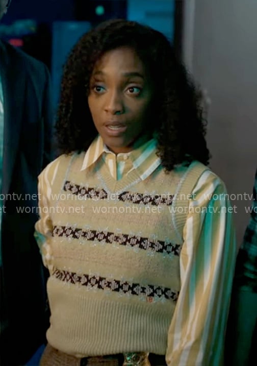 Faith's metallic fair isle sweater vest on Will Trent