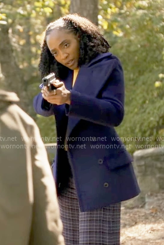 Faith's navy blue coat on Will Trent