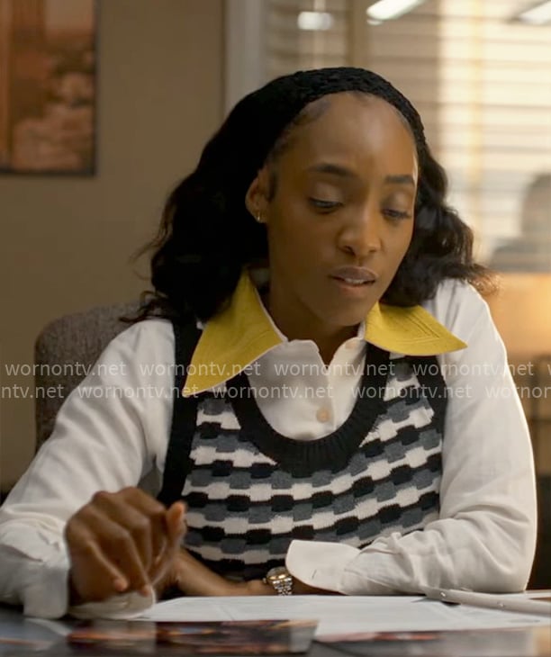 Faith’s white shirt with yellow collar and black and white sweater vest on Will Trent