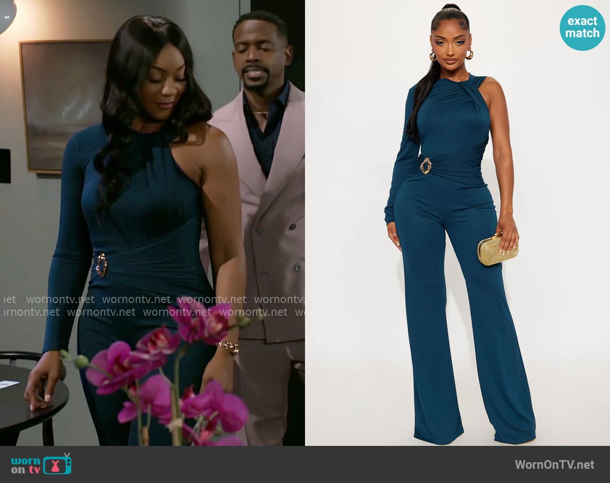Fashion Nova Coco One Shoulder Flare Jumpsuit in Teal worn by Shanice Johnson (Ernestine Johnson) on Beyond the Gates