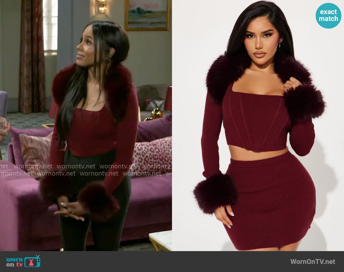 Fashion Nova Sara 3 Piece Sweater Skirt Set in Wine worn by Hayley Lawson (Marquita Goings) on Beyond the Gates
