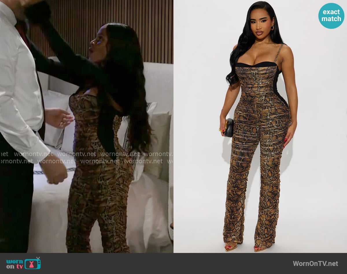Fashion Nova Wild Love Ruched Snake Print Mesh Jumpsuit worn by Hayley Lawson (Marquita Goings) on Beyond the Gates