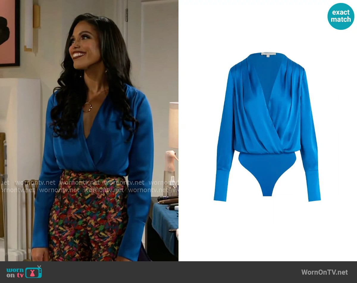 Favorite Daughter Date Surplice Blouse in Sapphire worn by Dani Dupree (Karla Mosley) on Beyond the Gates