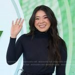 Vivian Tu’s navy turtleneck sweater and feather skirt on Today