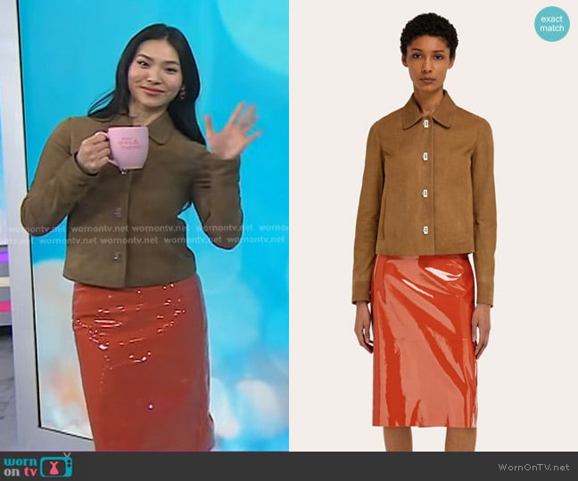 Ferragamo Boxy Nubuck Jacket in Clay worn by Chloe Kim on Today