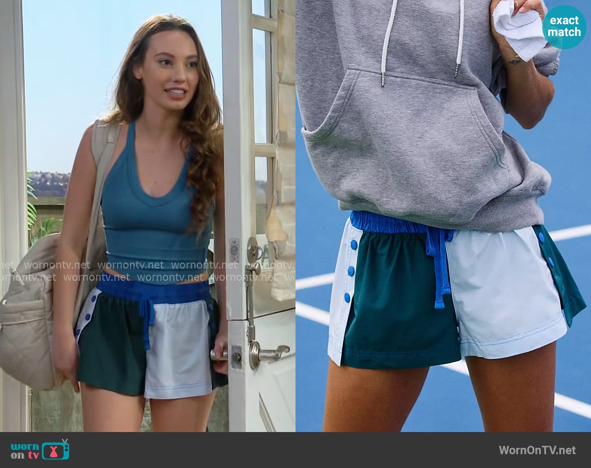 Free People Invigorate Colorblock Shorts in Evergreen / Baseline Blue worn by Melissa Dylan (Sydney Bullock) on The Bold and the Beautiful