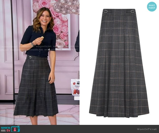 Gabriela Hearst Wesley Pleated Midi Skirt in Charcoal Wool Silk Clubcheck Plaid worn by Rebecca Jarvis on Good Morning America