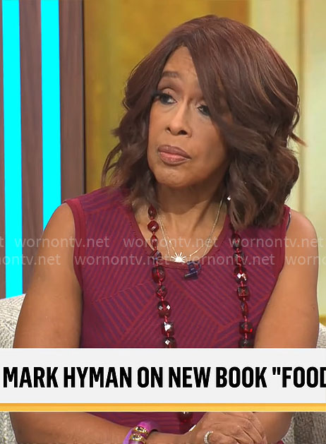 Gayle King’s burgundy mixed stripe dress on CBS Mornings
