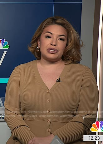 Gilma’s beige peplum cardigan on NBC News Daily