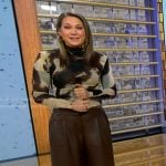 Ginger's abstract print top and brown leather pants on Good Morning America