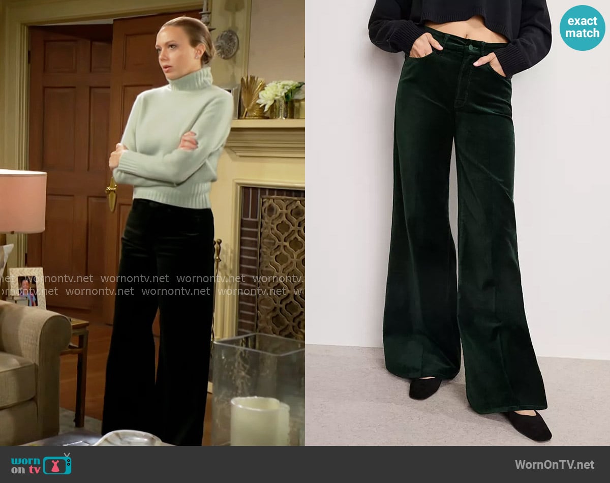 Good American Velvet Good Waist High Rise Palazzo Jeans in Pine Green worn by Abby Newman (Melissa Ordway) on The Young and the Restless