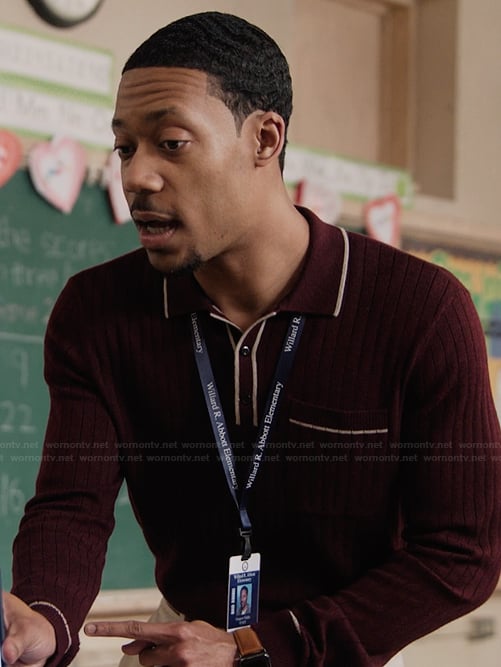 Gregory’s burgundy ribbed cardigan on Abbott Elementary