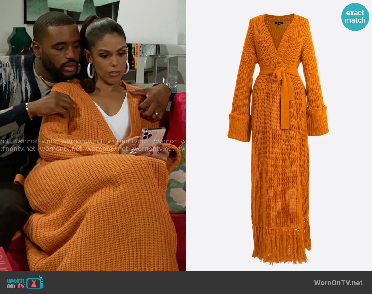 Hanifa Miya Knit Cardigan Dress in Orange worn by Dani Dupree (Karla Mosley) on Beyond the Gates