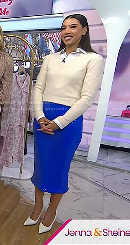 Hannah Bronfman's white v-neck sweater and sequin pencil skirt on Today