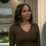 Hayley's brown button front top and pants set on Beyond the Gates