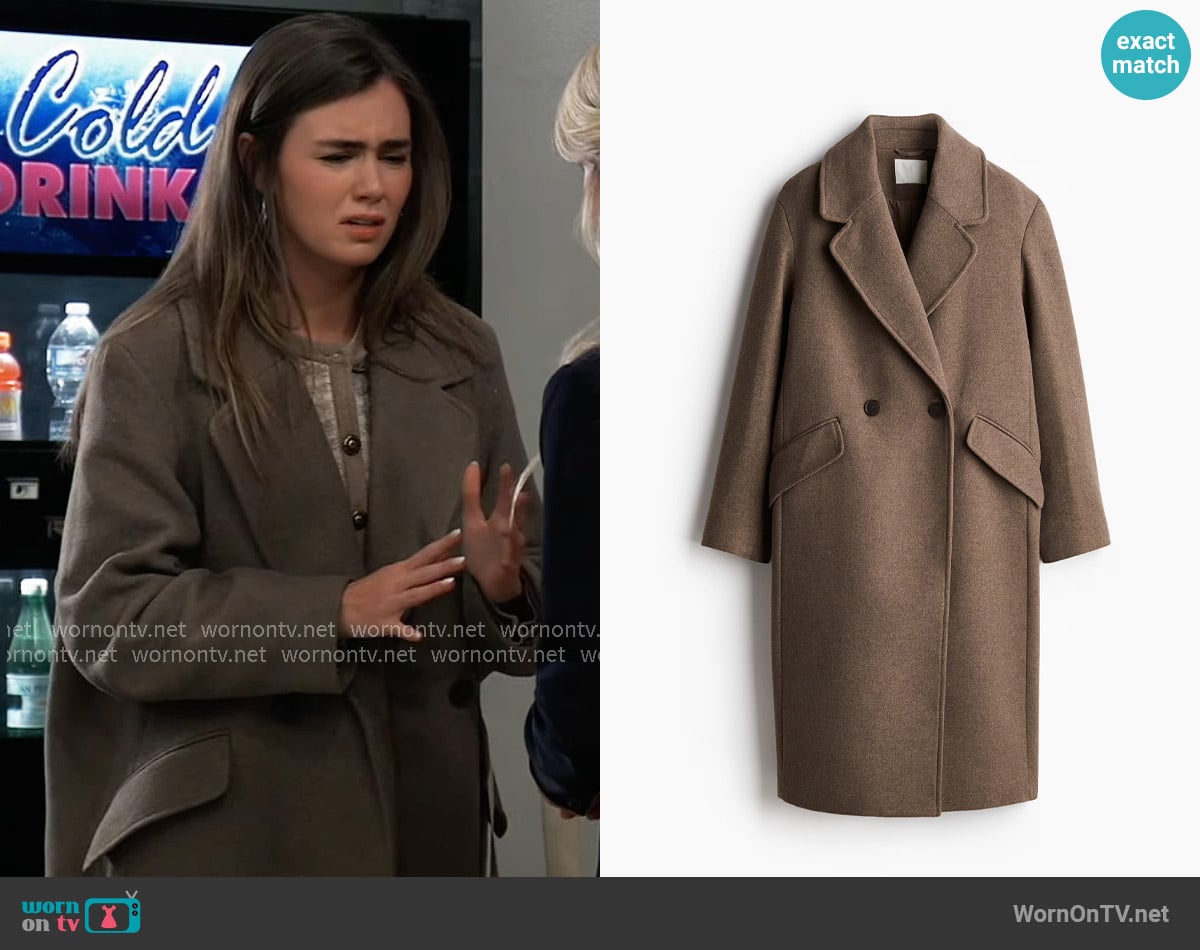 H&M Double Breasted Coat in Dark Beige worn by Emma Scorpio-Drake (Braedyn Bruner) on General Hospital