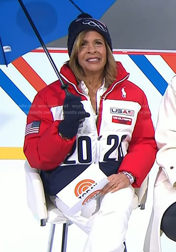 Hoda’s red, white and navy puffer jacket on Today