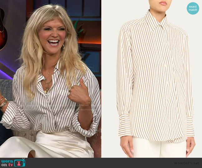 House of Dagmar Asymmetric Fluid Stripe Shirt worn by Arden Myrin on The Kelly Clarkson Show