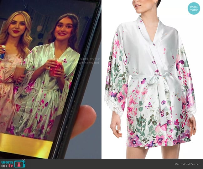In Bloom by Jonquil Satin Floral Border Wrap Robe worn by Arianna Horton (Marissa Reyes) on Days of our Lives