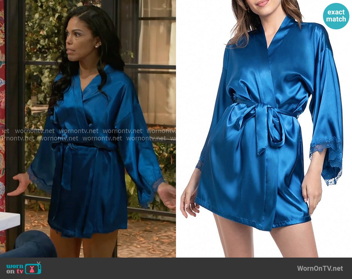 In Bloom by Jonquil Scallop Lace 3/4 Kimono Sleeve Shawl Collar Short Satin Wrap Robe worn by Dani Dupree (Karla Mosley) on Beyond the Gates