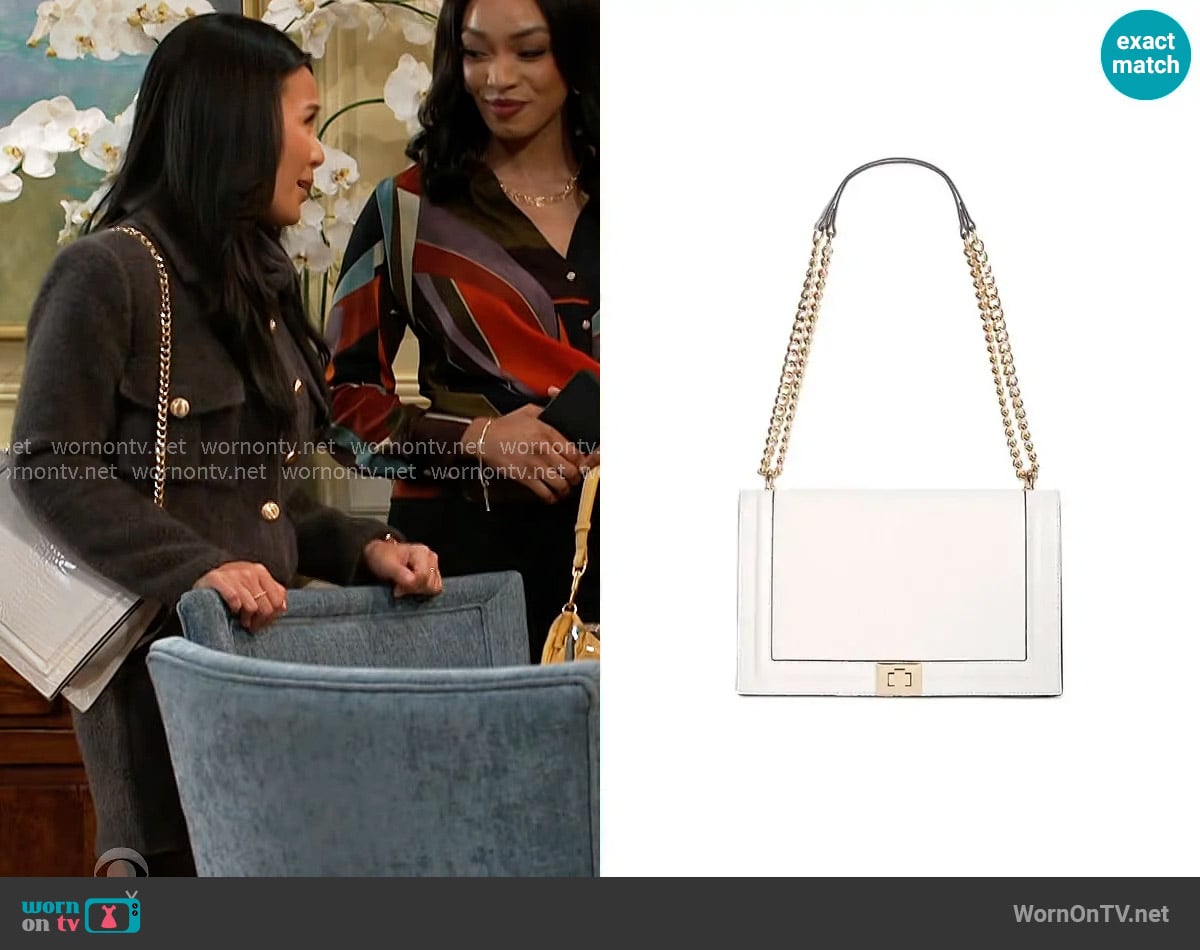 INC International Concepts Ajae Flap Crossbody in Bone Croco/Gold worn by Caroline Lee (Ellie Wang) on Beyond the Gates