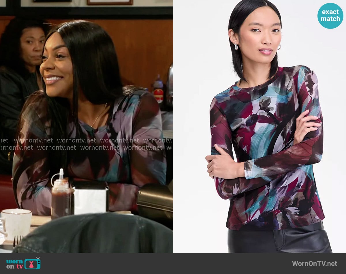 INC International Concepts Printed Mesh Long-Sleeve Top worn by Shanice Johnson (Ernestine Johnson) on Beyond the Gates