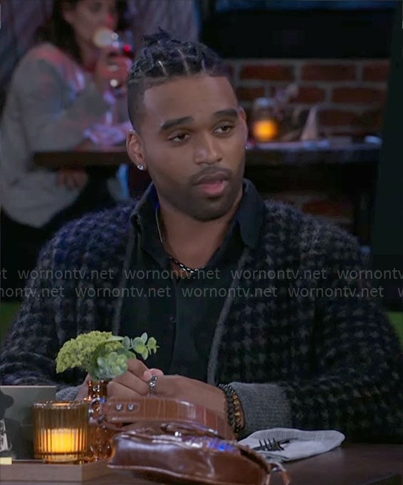 Izaiah’s grey houndstooth cardigan on Beyond the Gates