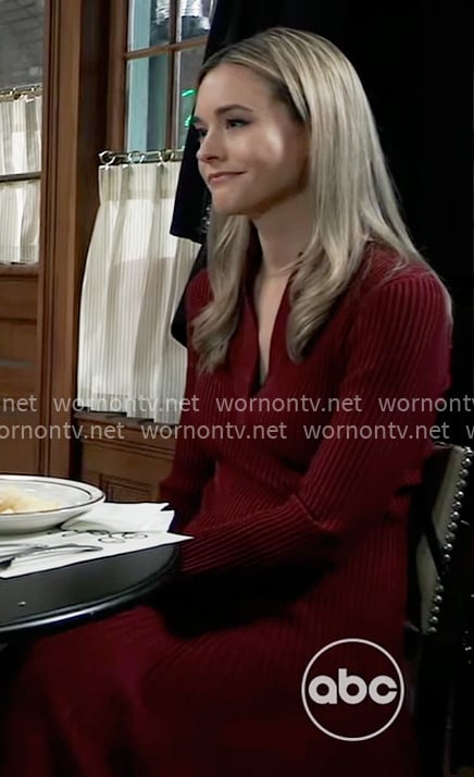 Jacinda’s dark red rib knit dress on General Hospital