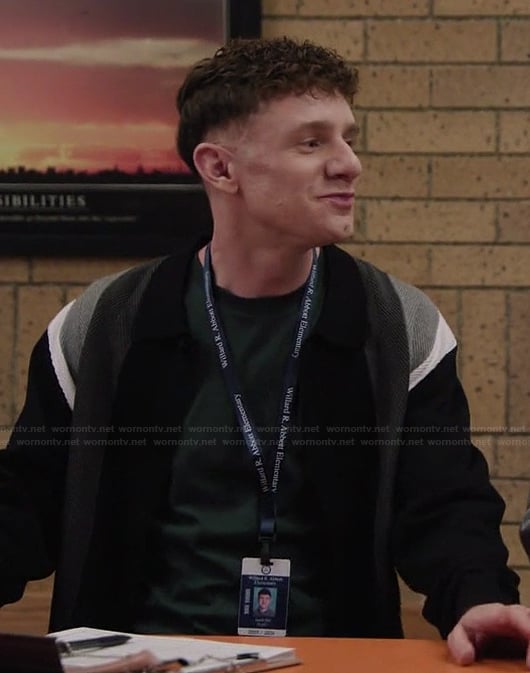 Jacob's striped cardigan on Abbott Elementary